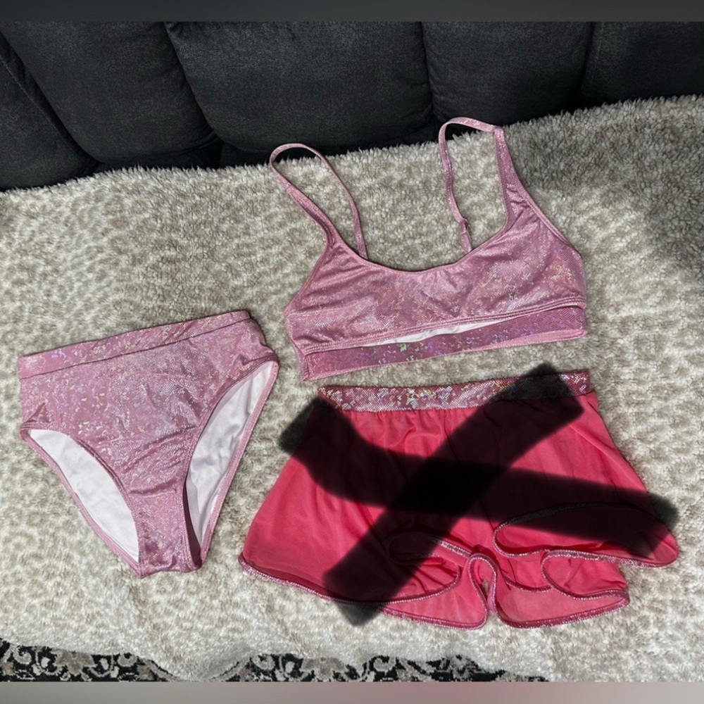 PINK Shimmer Rave Outfit Underboob top Cheeky Bottoms Mesh Skirt EDC